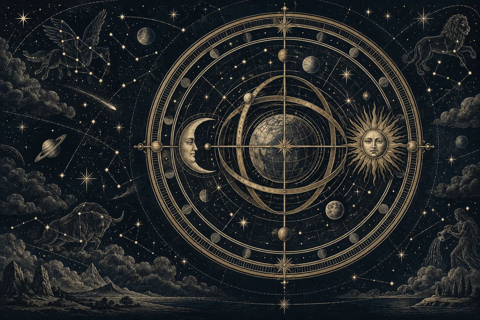 An imagined celestial instrument, engraved in brass against a field of stars